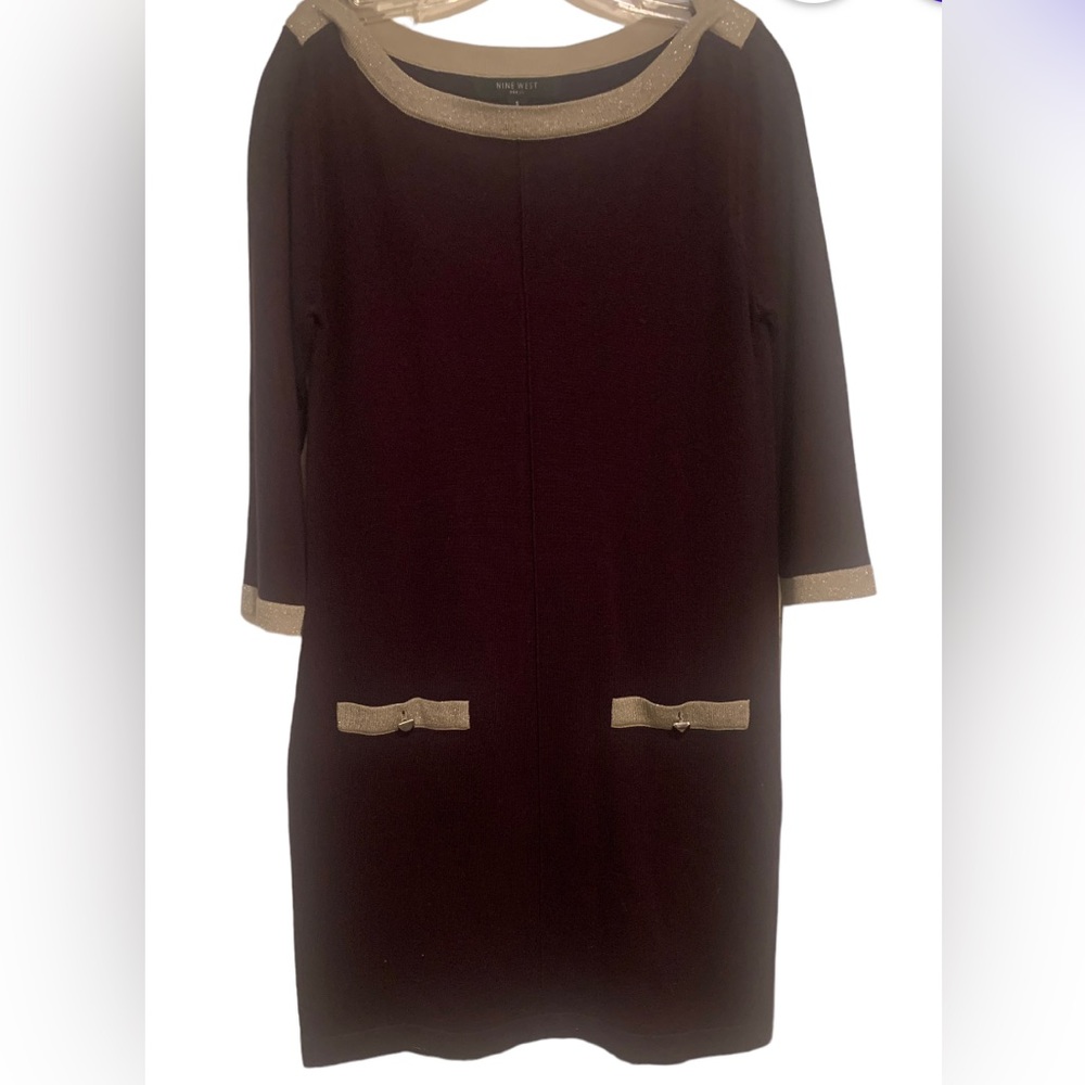 Nine West Plum Color Knit Dress Boat Neck 3/4 Sleeves Silver Accents Size Small